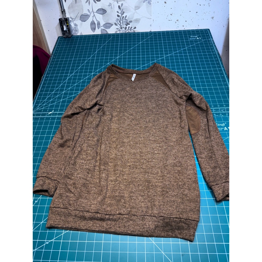 Acting Pro Womens Brown Marled Tunic Top Faux Suede Elbow Patches Medium